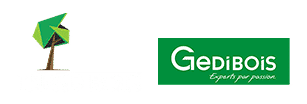 Gedibois : Logo et slogan des experts passionnés du bois Logo Gedibois avec arbre géométrique vert et texte blanc Gedibois Experts par passion sur fond vert.
