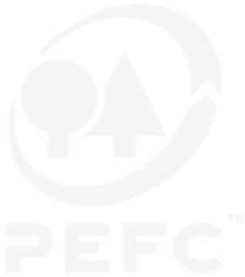 Logo PEFC blanc montrant deux arbres stylisés dans un cercle dynamique, symbole de gestion forestière durable.